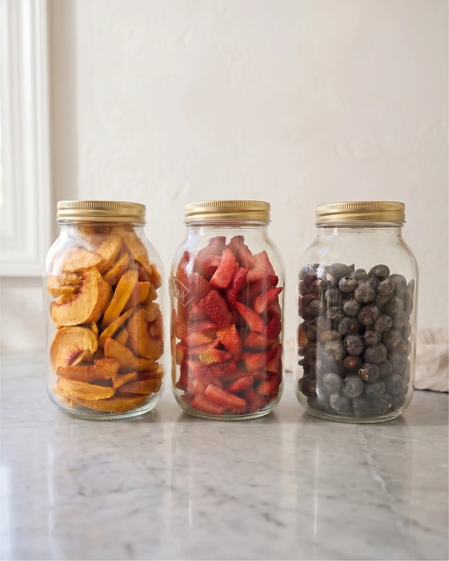 Tres frascos de fruta crocante —durazno, fresa y arándano— sobre un mesón de mármol