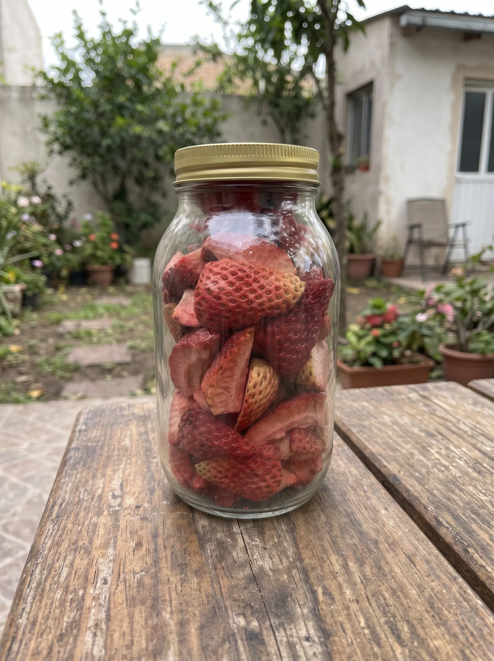 Frasco de fresas crocantes sobre una mesa de madera en el jardín