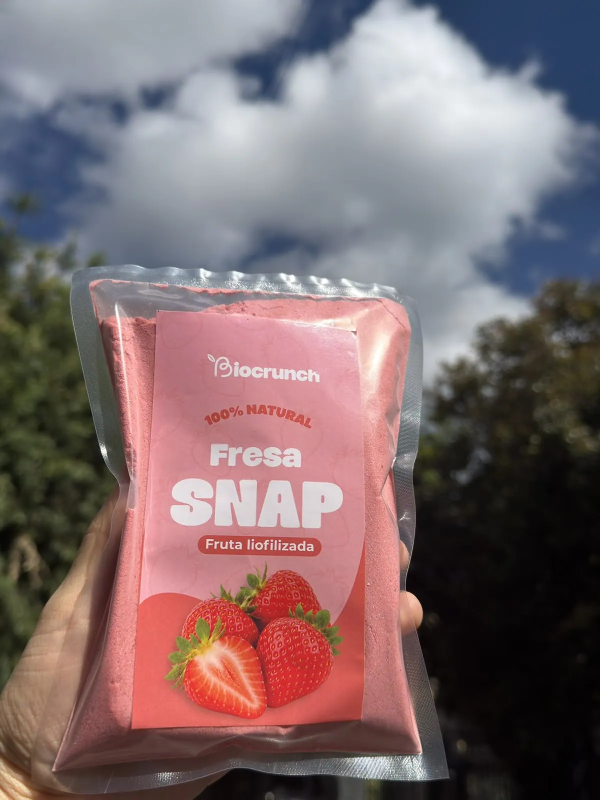Bolsa de Fresa Snap de Biocrunch, fresa en polvo 100 % natural, sostenida contra el cielo