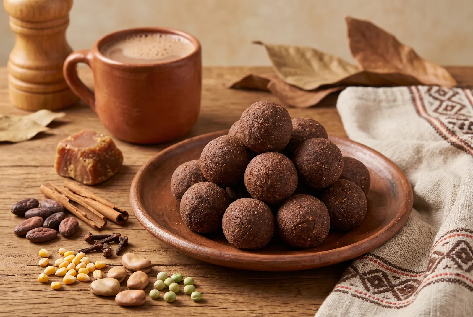 Plato de barro con bolitas de chucula, una taza de chocolate caliente, panela, canela, cacao y granos sobre una mesa de madera